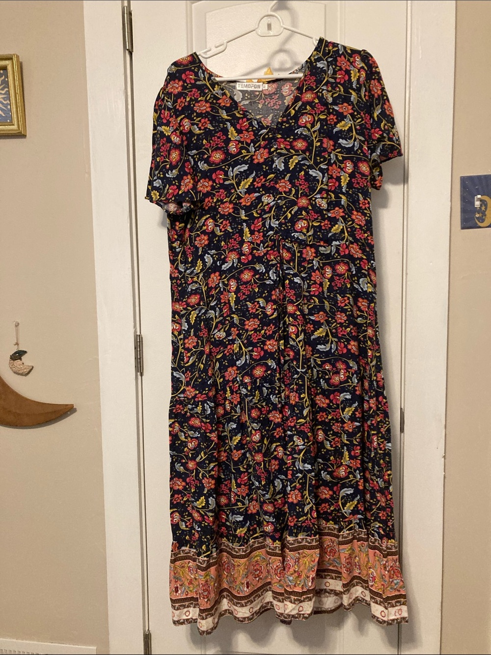 TEMOFON Womens Floral Print V Neck Tiered Midi Dress XL Navy Pink‎ Yellow
